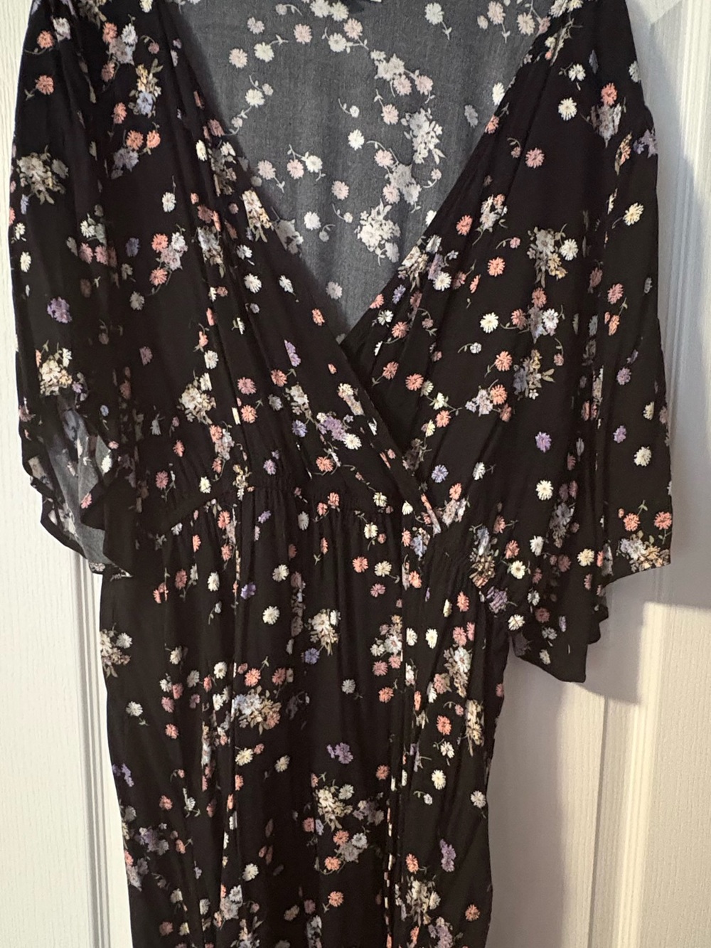 Rewind Black Floral Midi Wrap Dress with Puff Sleeves